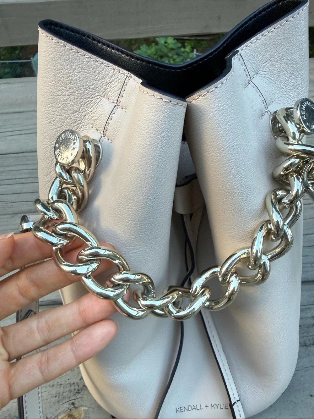Kendall & Kylie Light Tan Leather Bucket Bag with Chain Strap